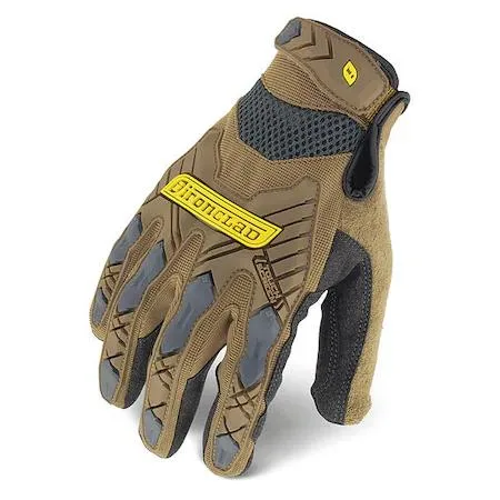 Pair of brown synthetic leather mechanics gloves with silver TPR knuckle guards and hook-and-loop cuffs