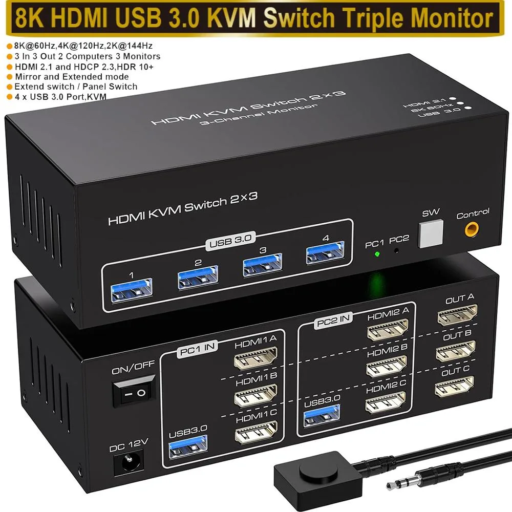 SMA SMA 8K@60Hz HDMI KVM Switch 3 Monitors 2 Computers USB 3.0 4 Ports — product photo