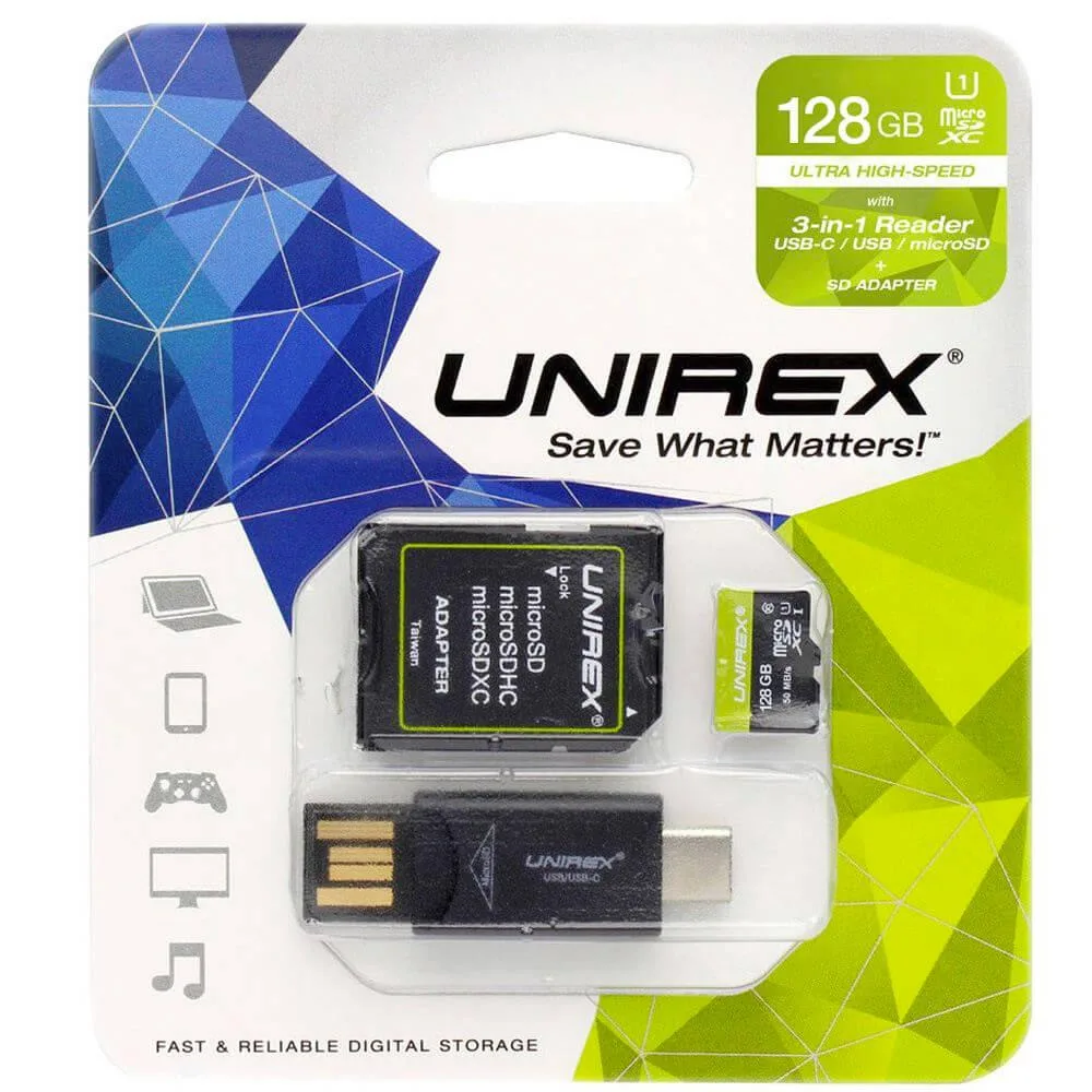 Unirex Corporation Unirex Corporation MTC128M 128GB MicroSD with USB Reader &amp; SD Adapter — product photo
