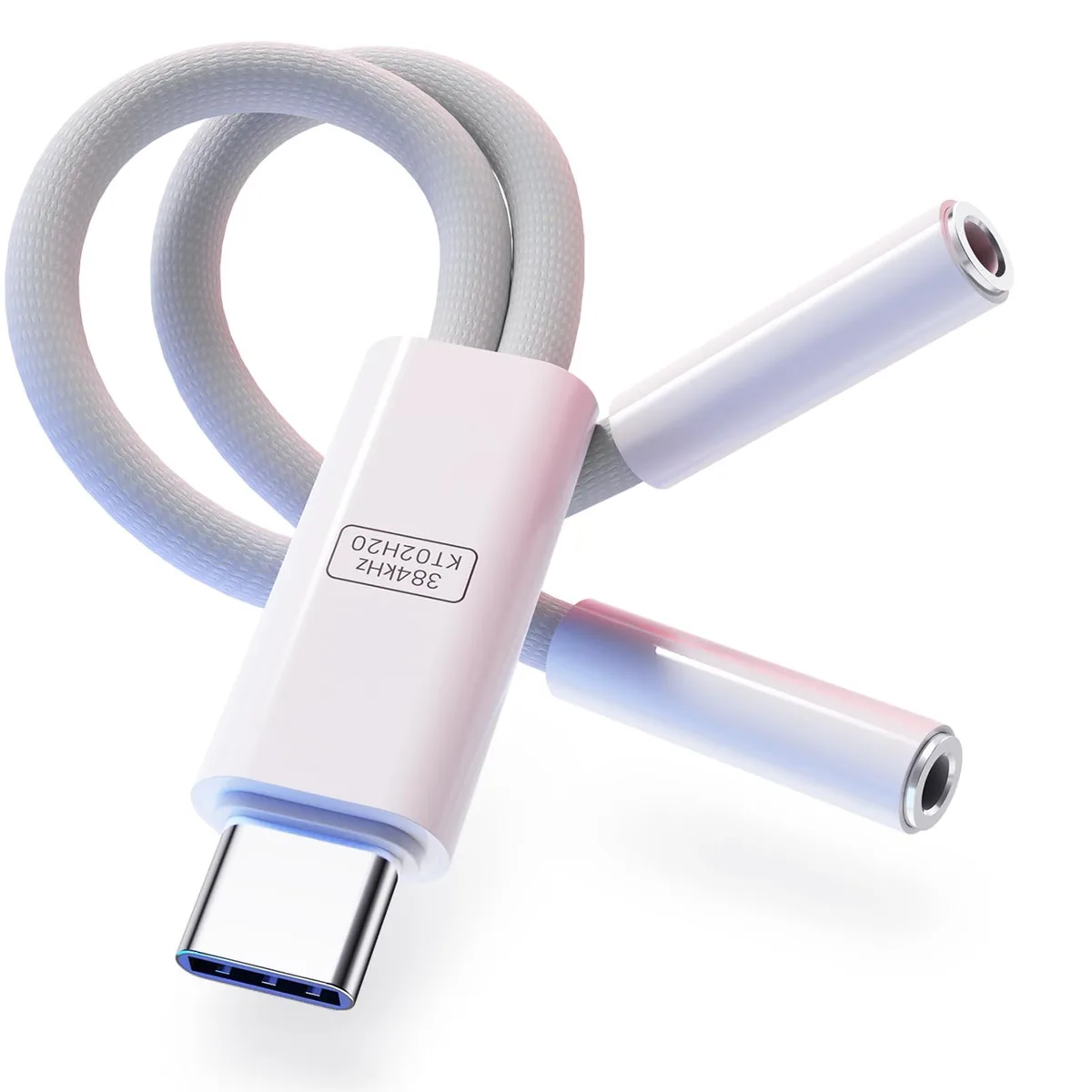 White USB-C audio splitter with two 3.5mm jacks and braided cable