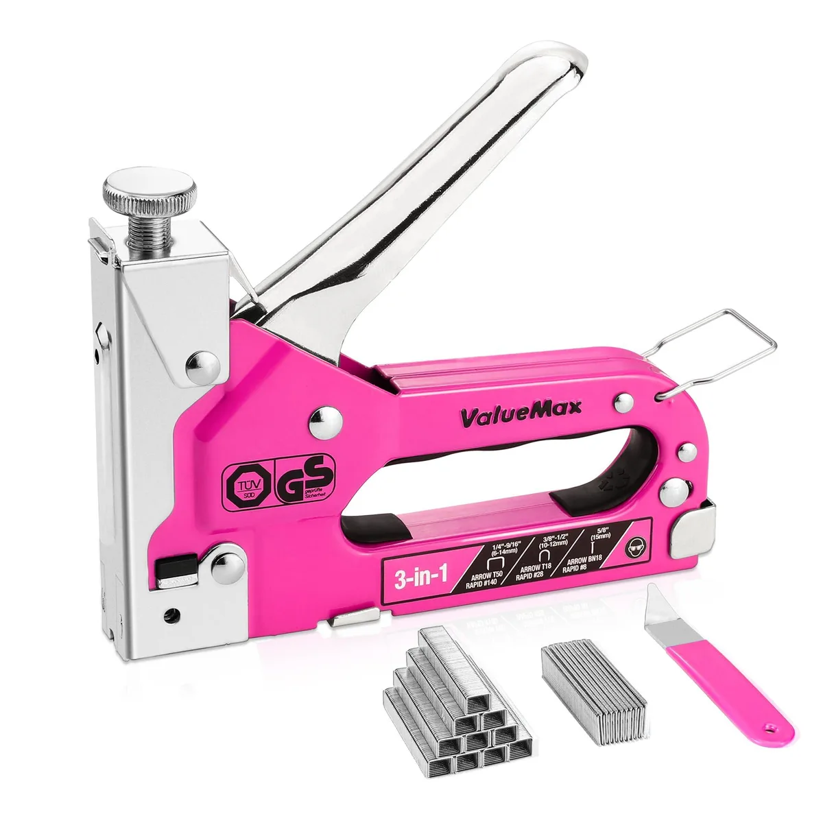 Purple-red metal manual staple gun with ergonomic rubber handle and handle lock