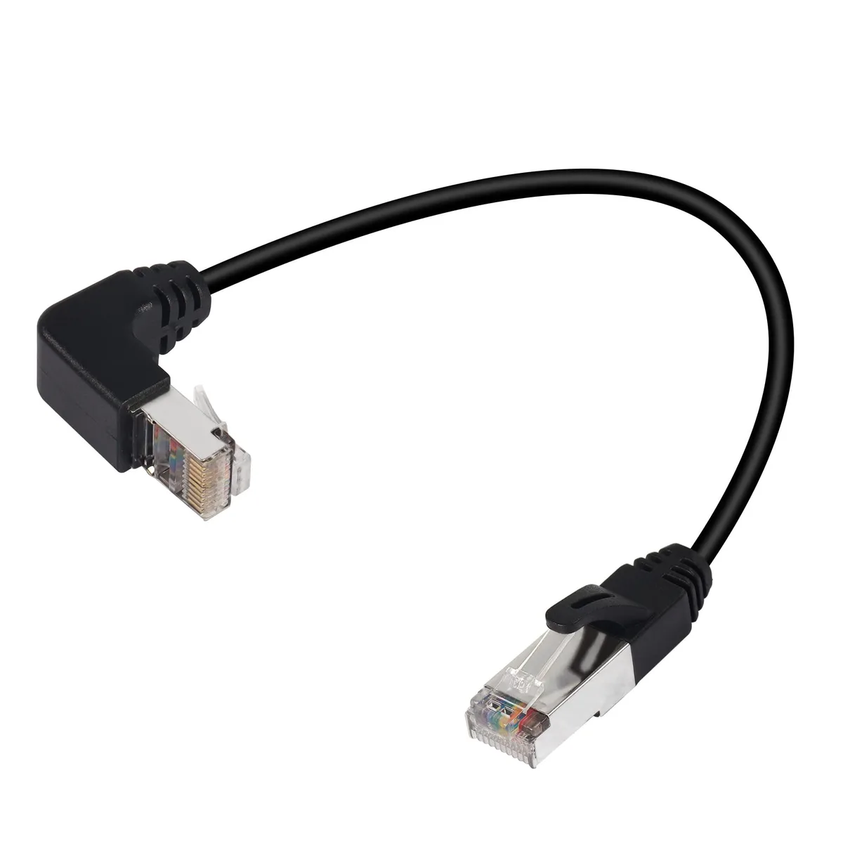 Black 90° down-angle RJ50 10P10C male-to-male cable, 30cm