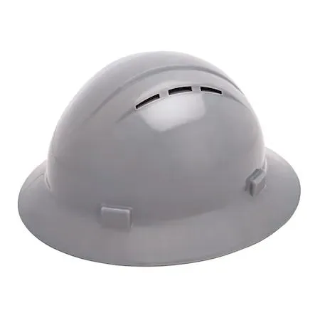 Gray full-brim hard hat with four-point ratchet suspension