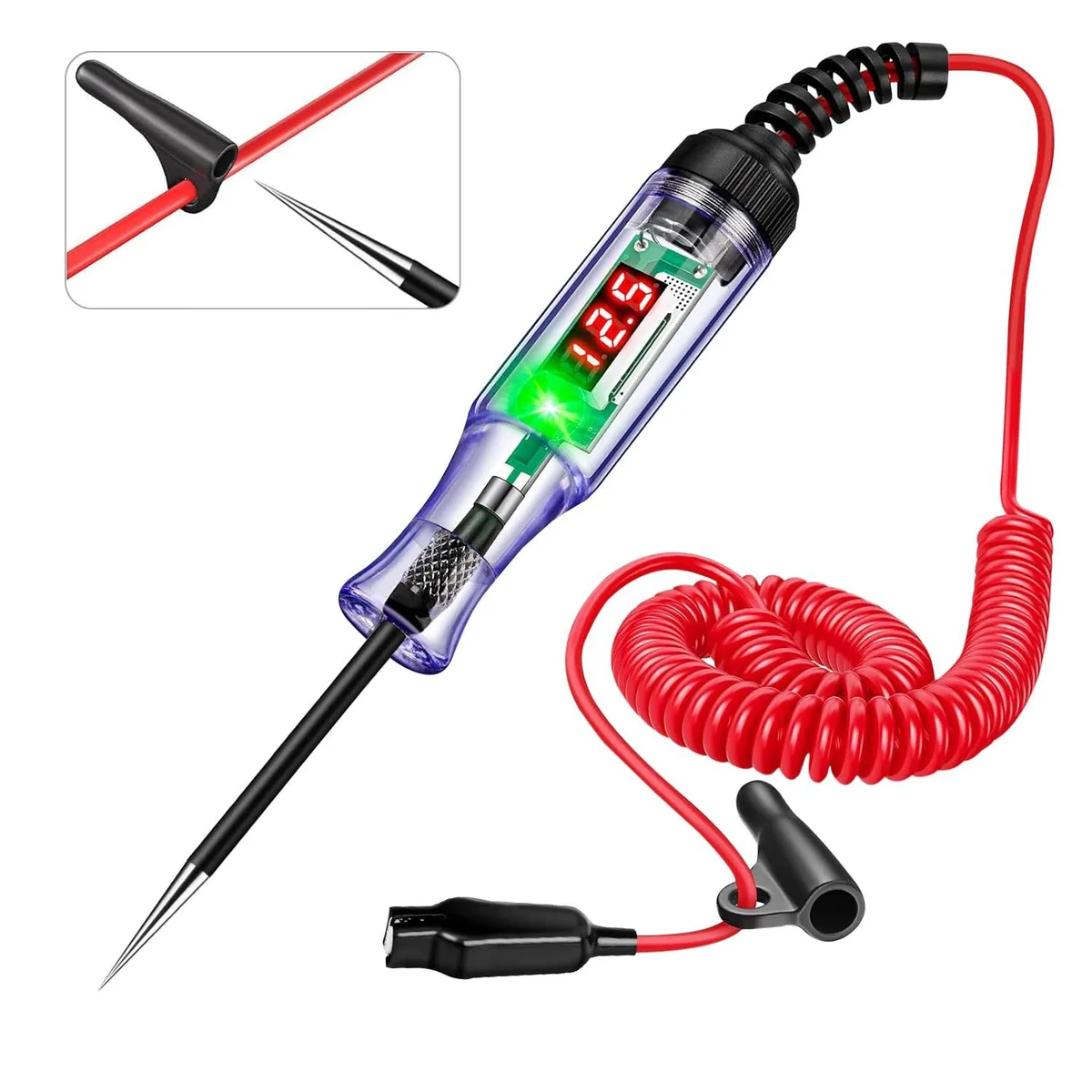 A pen shaped digital circuit tester with a backlit LED display