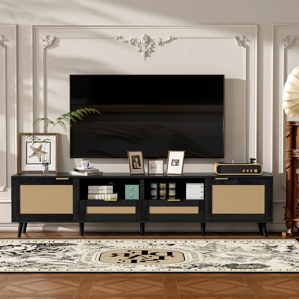 tuphen tuphen Rattan TV Stand 85-inch Black Solid Wood+MDF — product photo