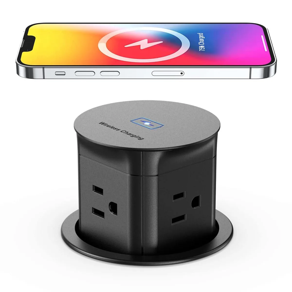 BFKK BFKK Pop Up Outlet 15W Wireless Charger 4 Outlets 15A 3.15in Hole Black — product photo