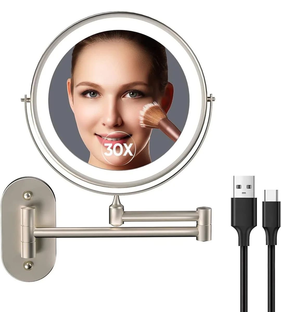  Funtouch 5000mAh Wall Mounted Lighted Makeup Mirror 1X 30X 3 Color Touch 360° Arm — product photo