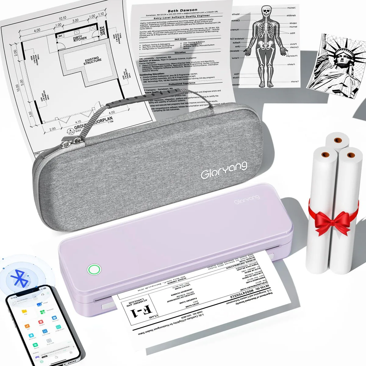Purple thermal receipt printer with carry case and paper rolls