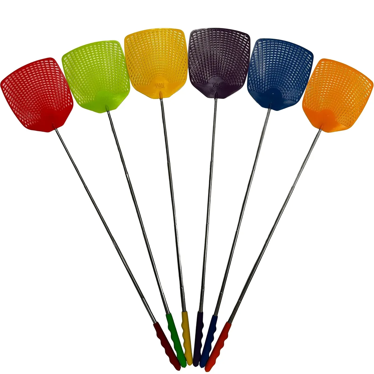 Six retractable metal-handle fly swatters, 26-inch reach, flexible plastic heads with scoop edge
