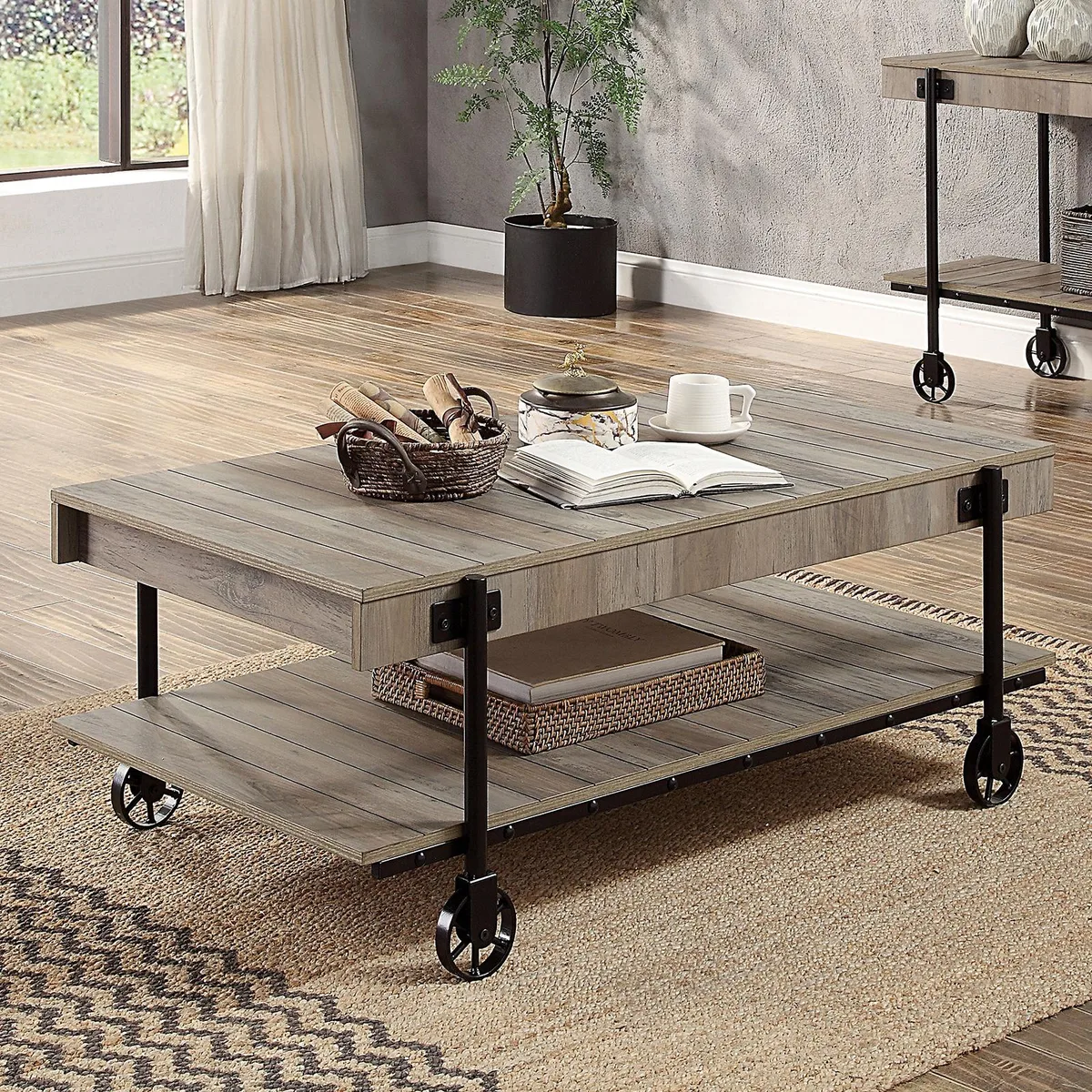 tuphen tuphen Industrial Coffee Table Natural Black Wheel Legs Slat Design — product photo