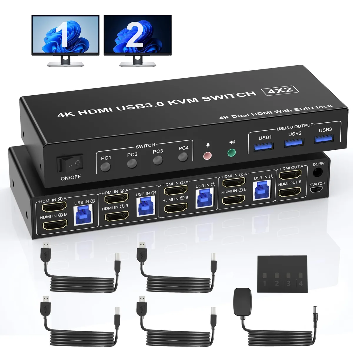 BUCIER BUCIER KM402B-USB3.0-H KVM Switch 4K 60Hz 4 Port USB 3.0 Dual Monitor HDMI — product photo