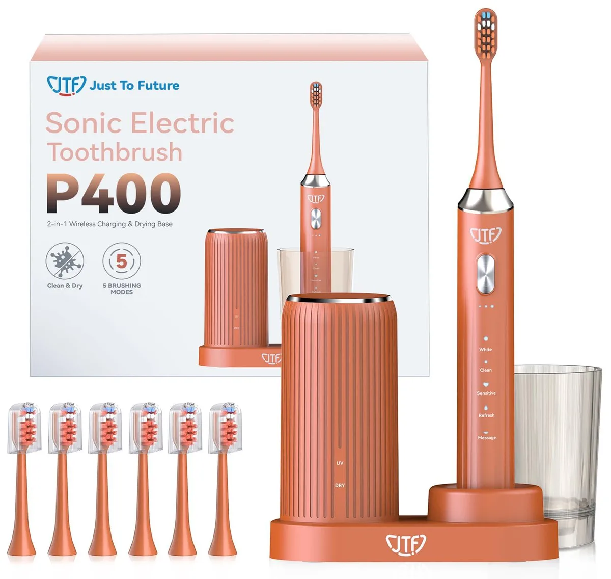 Orange sonic toothbrush with white UV sanitising and drying base, six brush heads included