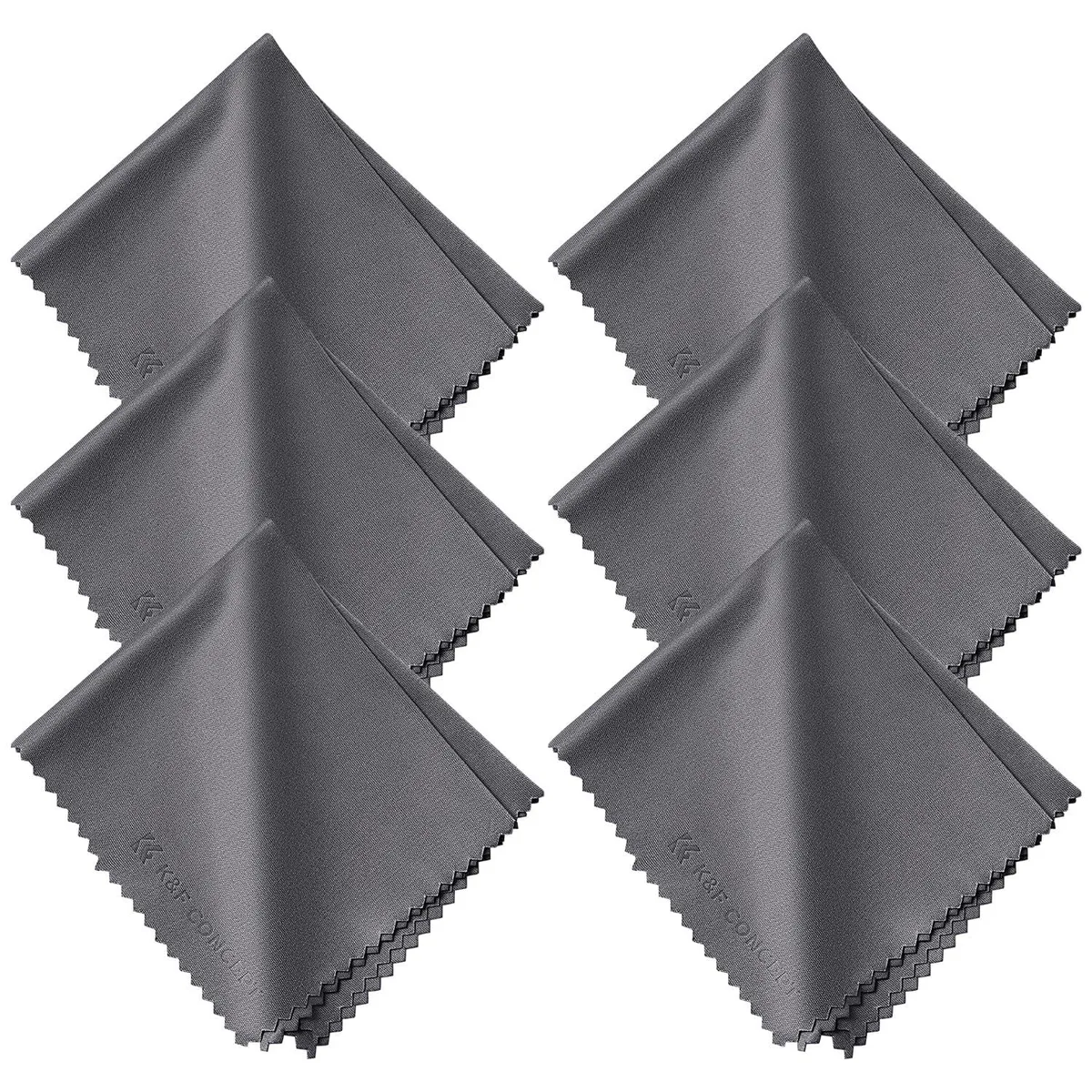 Ten grey microfiber cloths, 15 by 18 centimetres, stacked flat