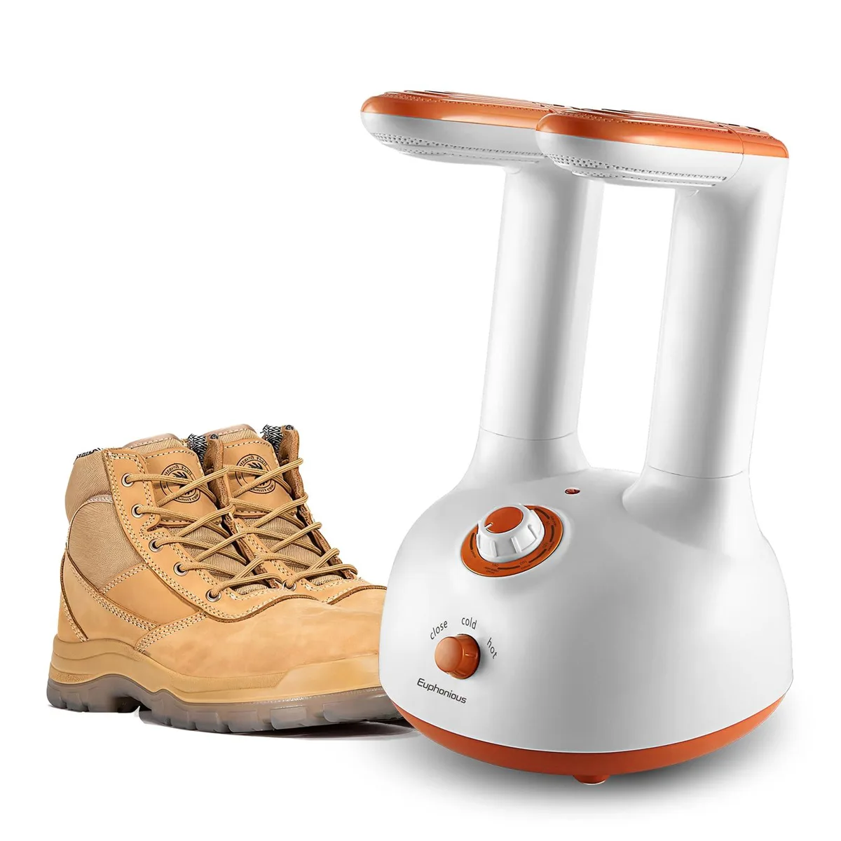 White and orange plastic boot dryer with dual adjustable arms and dial timer control