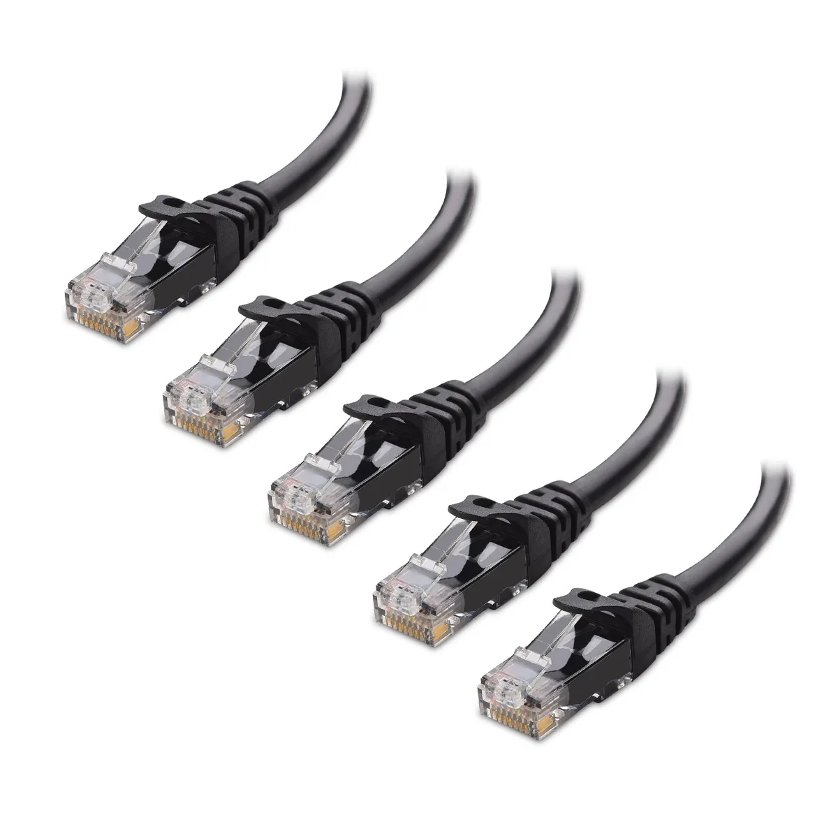 Five short black Cat6 patch cables with snagless RJ45 connectors