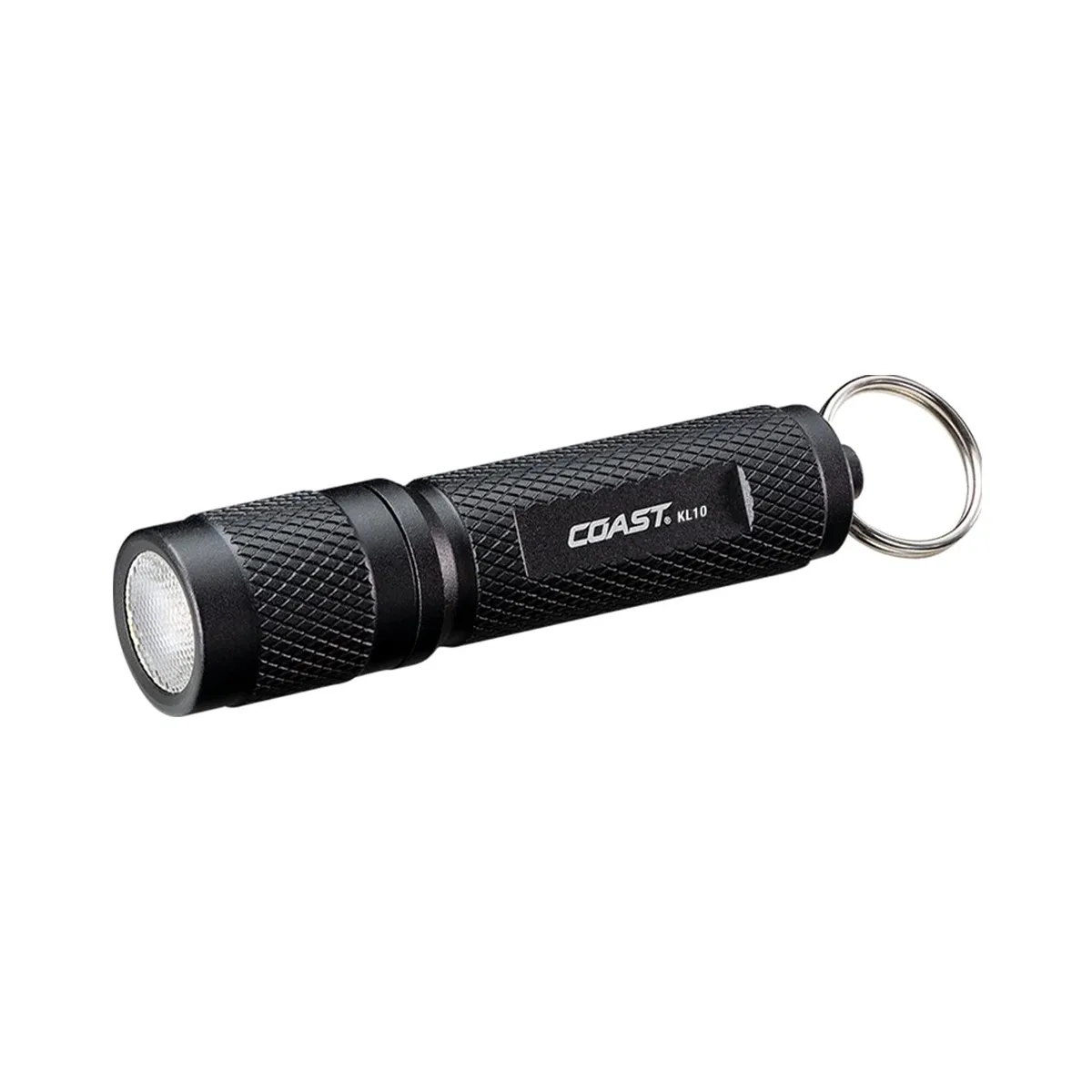 Small black aluminium flashlight on key ring, rectangular body, twist head