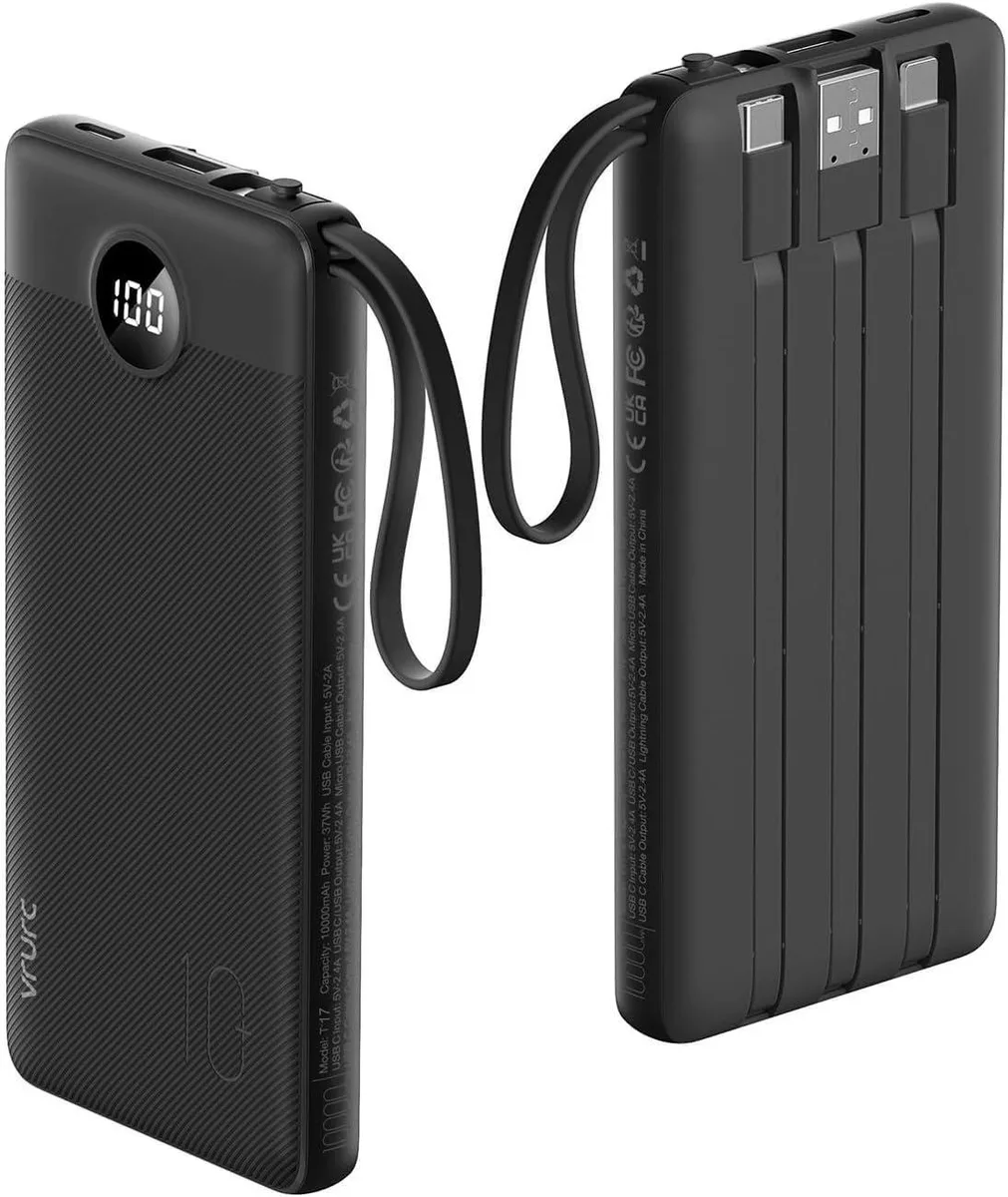 VRURC T17 10000mAh power bank 22.5W 4 built-in cables — product photo