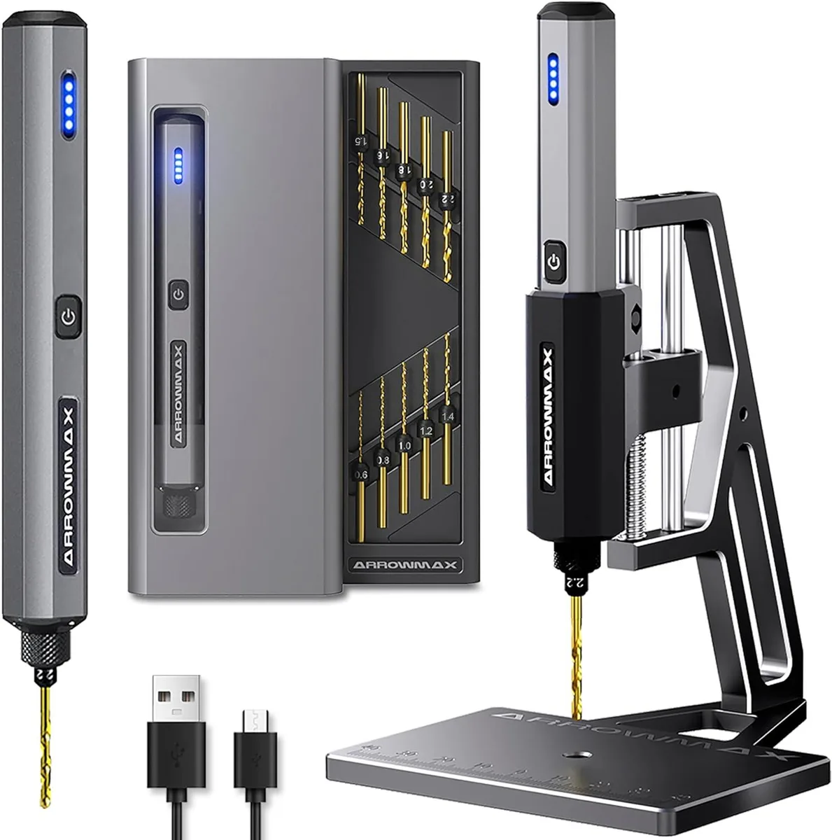 Compact cordless drill with benchtop press stand, aluminium case, LED lights, ten drill bits