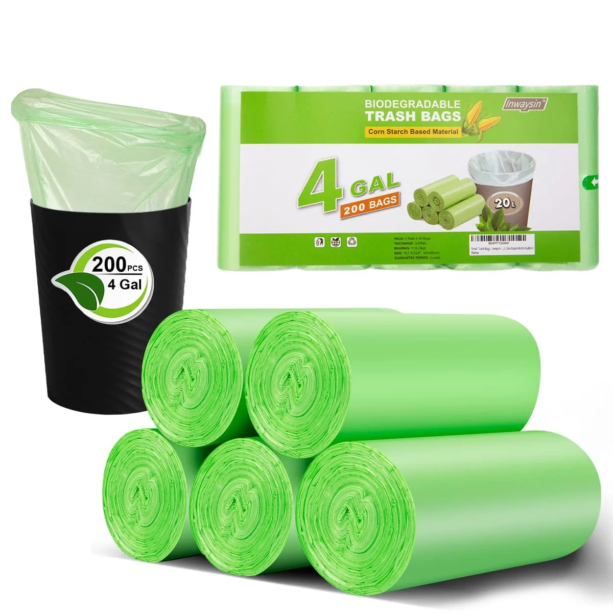 Inwaysin 4Gal-Green-200 Garbage Bags 4 Gallon 200 Count Green — product photo