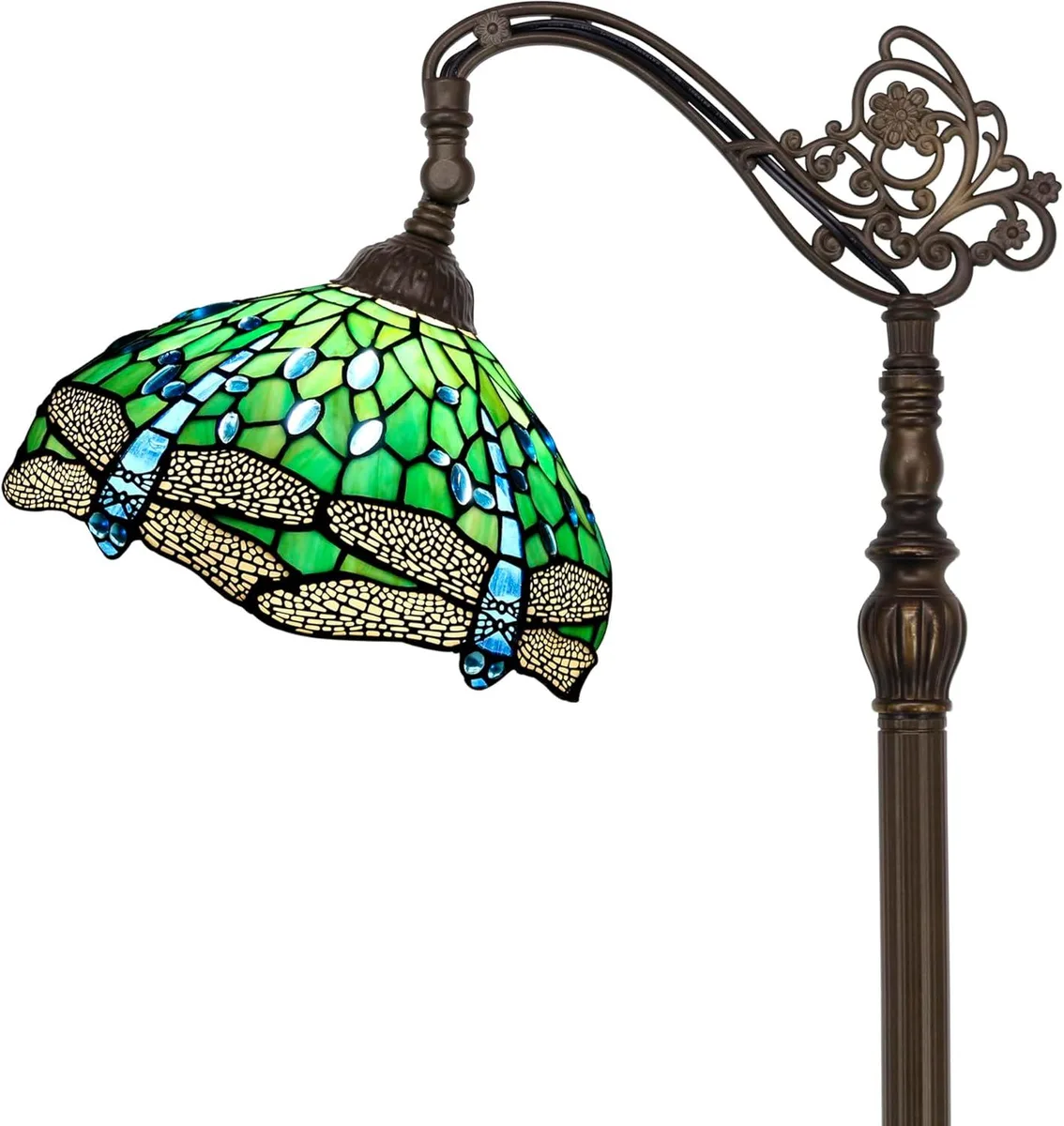Tall arched floor lamp, bronze base, green dragonfly stained glass shade, 67 inch height