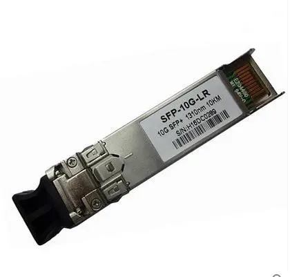 Compact SFP+ transceiver module with metal housing and optical ports