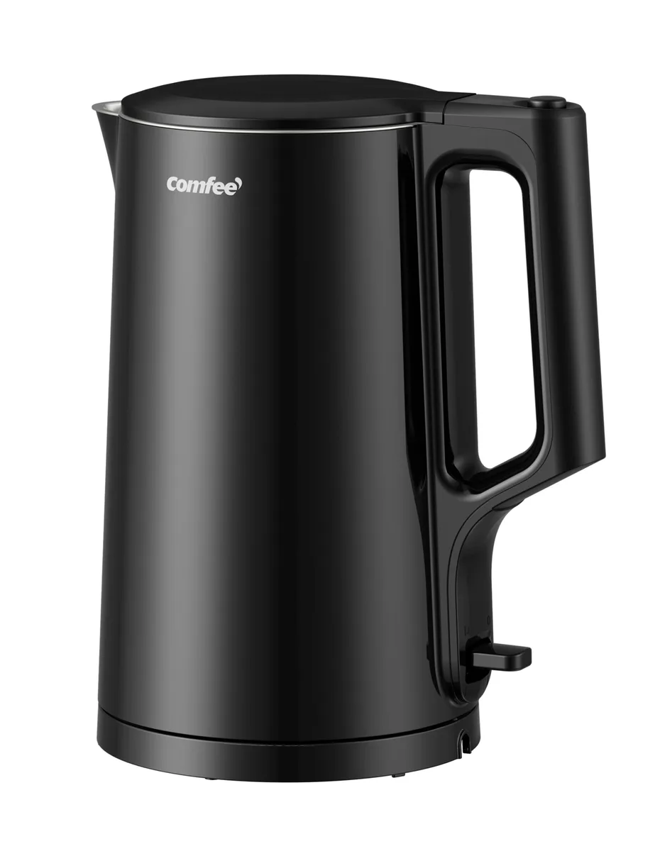 Black double-wall electric kettle with stainless steel interior, 1.7L capacity, 10 inches tall