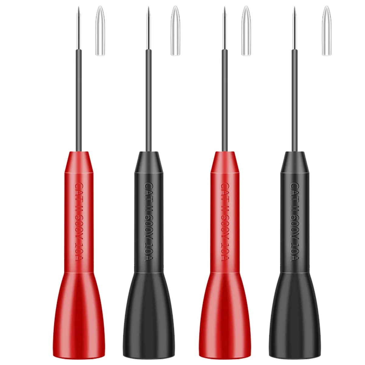 Test Probes 4 Pack 2mm 600V/10A 0.2mm Needle 8.6cm Reach 3.7cm Grip — product photo