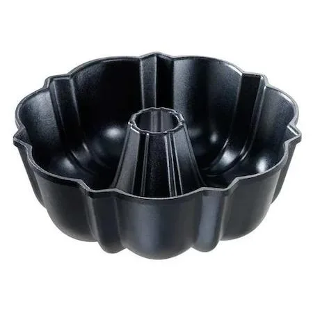Black fluted bundt cake pan with non-stick finish