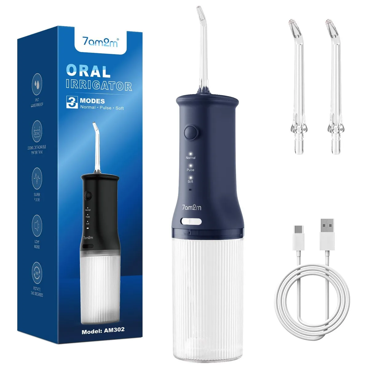 Navy blue cordless water flosser with 220ML tank and 360° rotatable nozzle