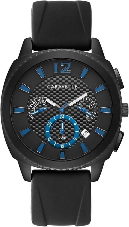 Cushion-shaped 41 mm black stainless steel case, carbon-fibre textured dial with blue accents, 20 mm black silicone strap