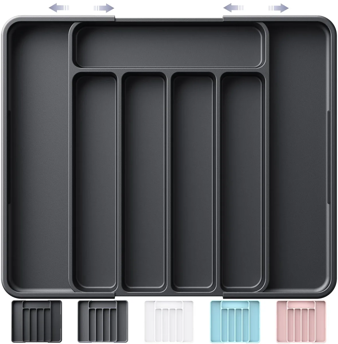 Red plastic adjustable cutlery tray with seven compartments, expands from 8.07 to 13.9 inches wide
