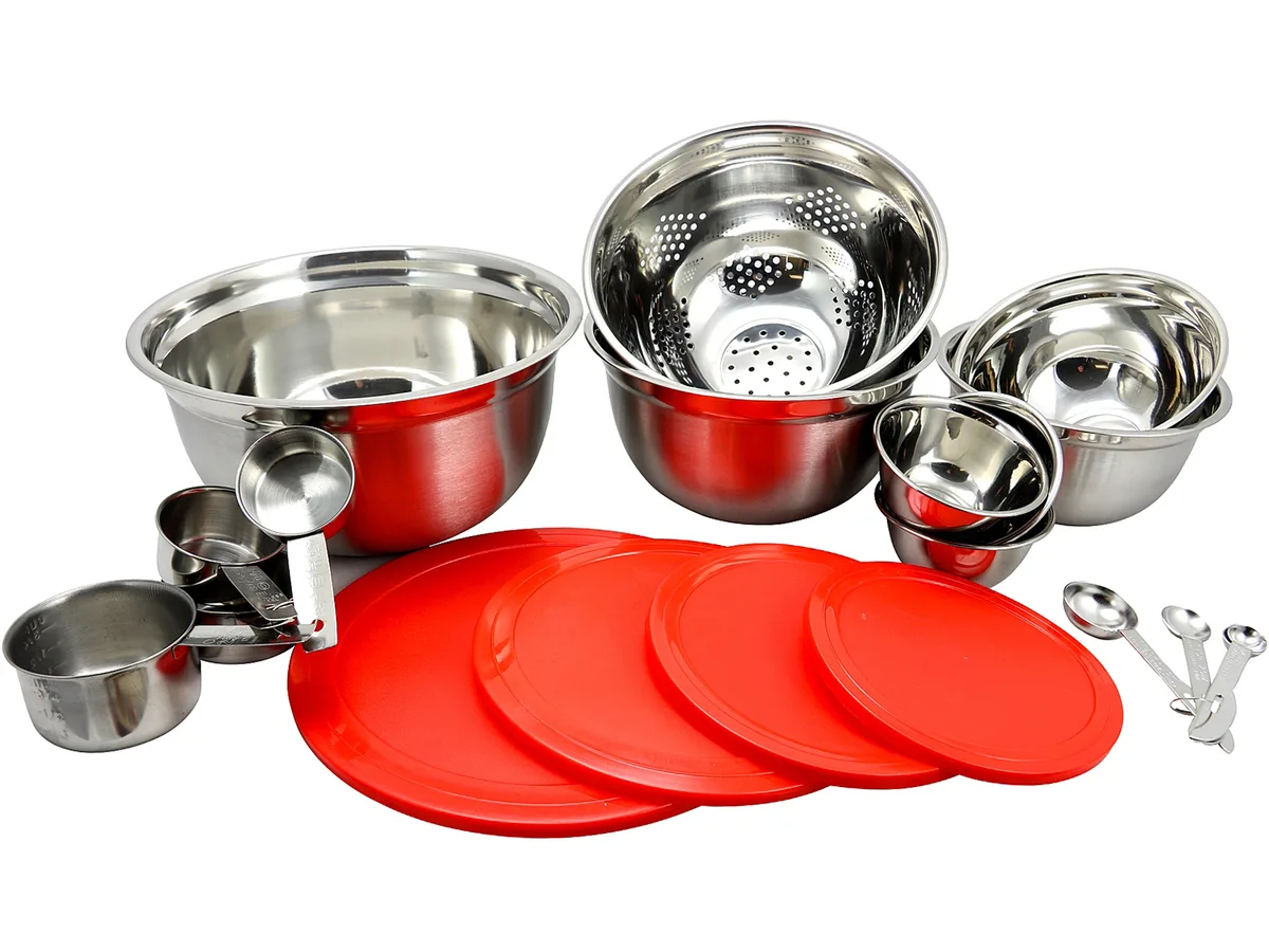 Silver and red 21-piece kitchen prep set with bowls, measuring tools, grating inserts, colander and finger guard