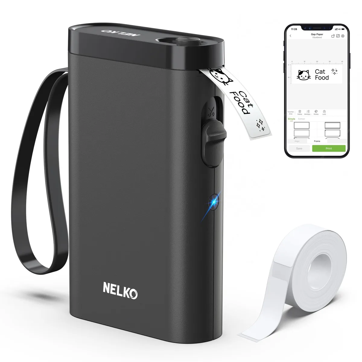 Compact black thermal label printer with rounded edges and matte finish, shown with a 14 by 75 mm label roll loaded
