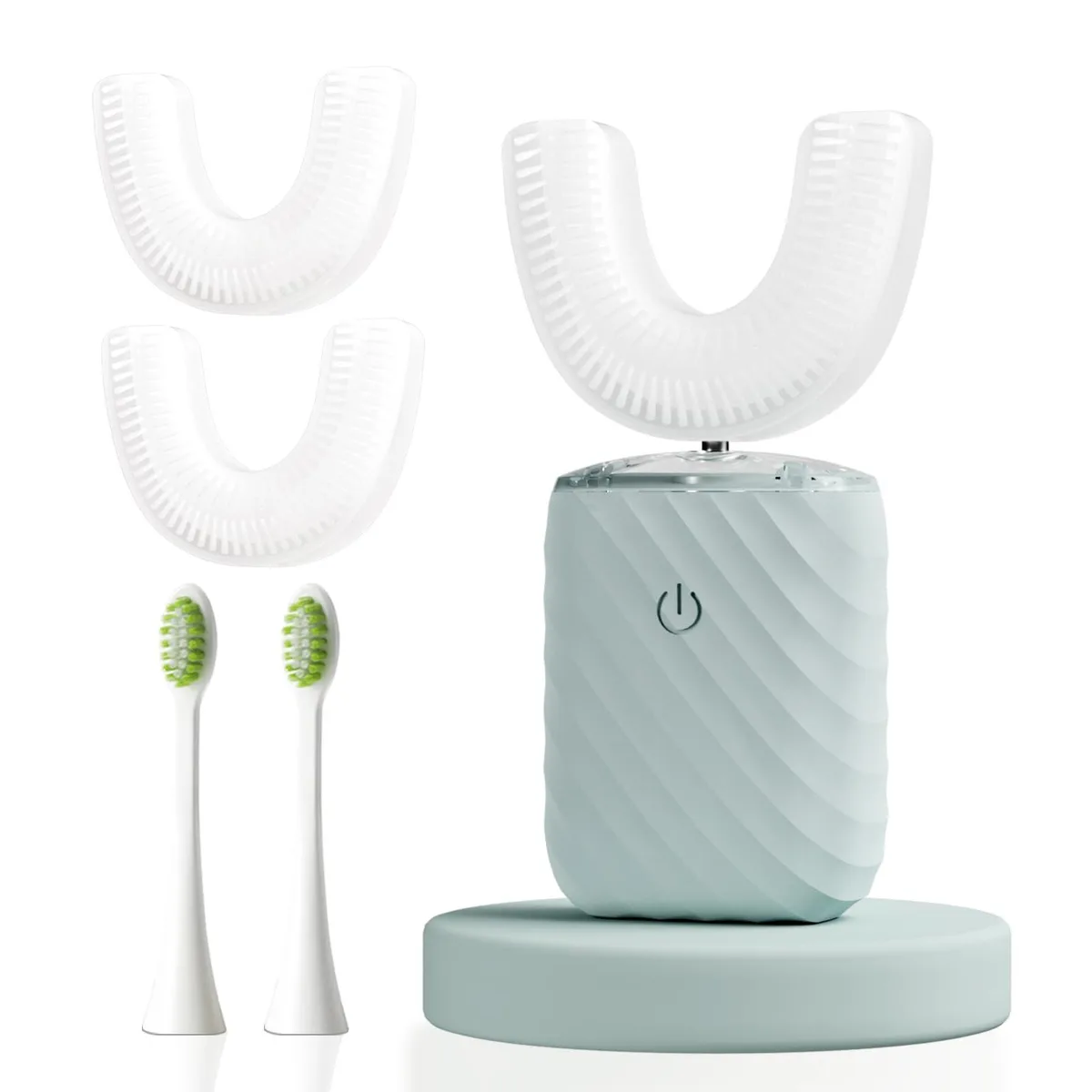 Light blue U-shaped sonic toothbrush with silicone brush head