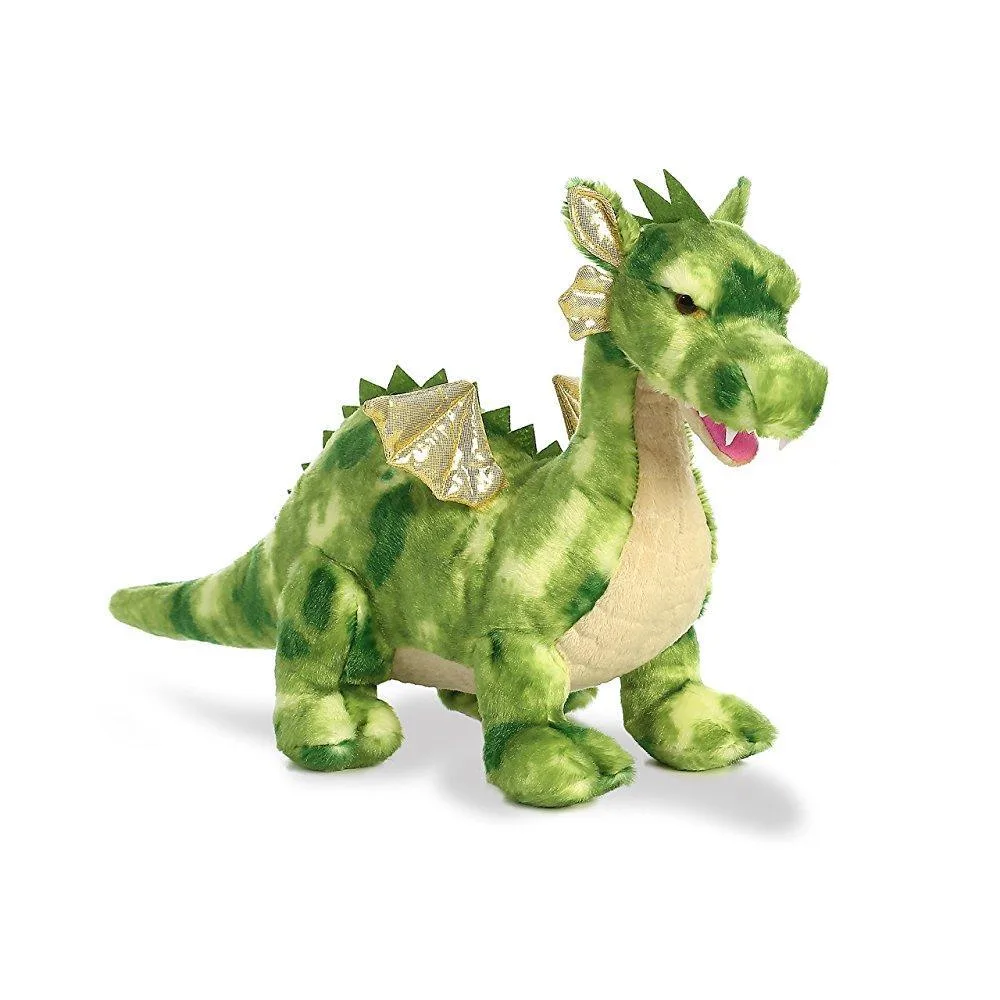 Green dragon plush toy with shimmer fabric accents and embroidered details