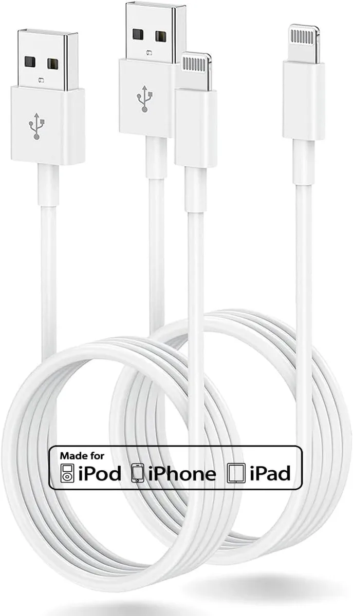 Two white Lightning to USB-A cables coiled together