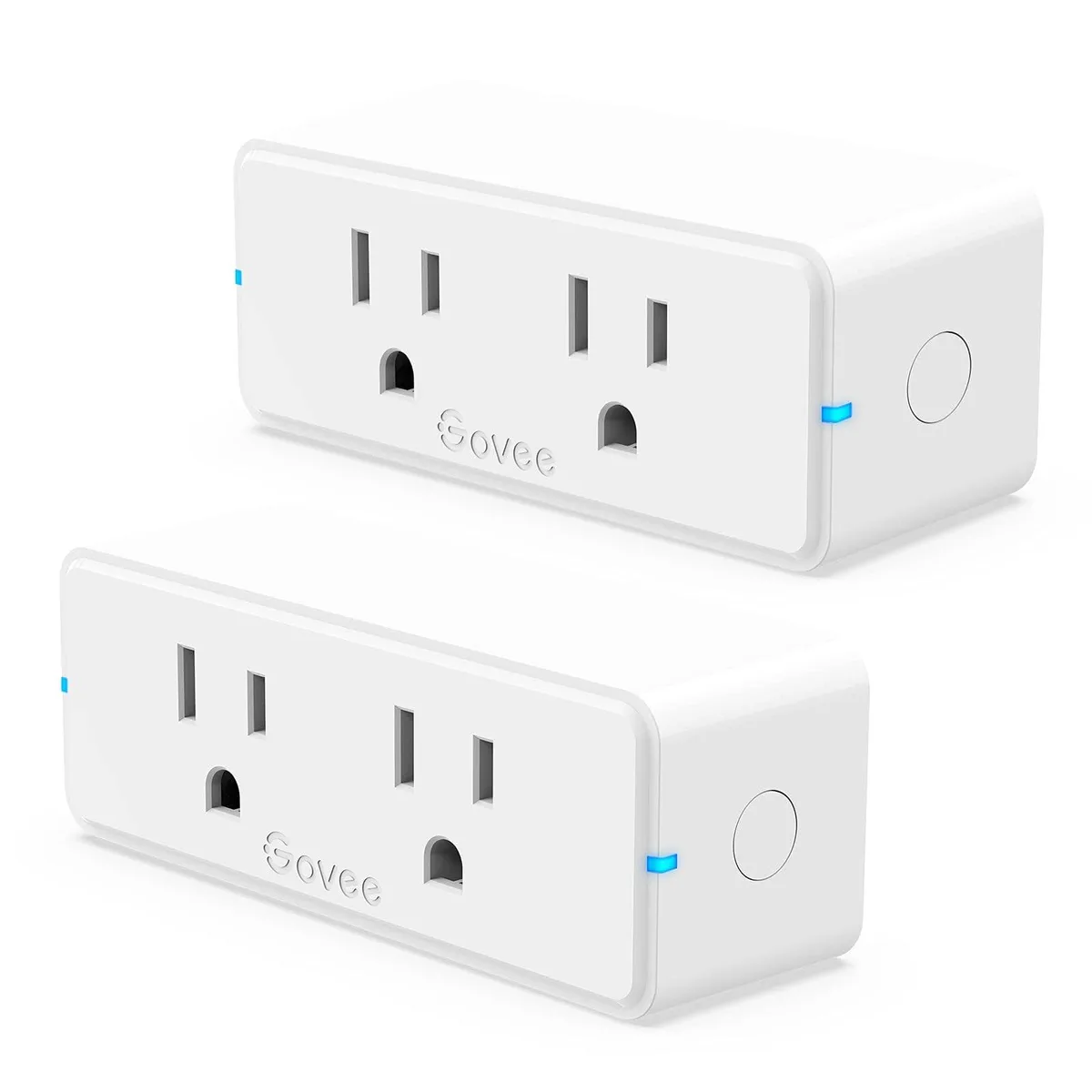 White rectangular dual smart plug with two horizontal outlets, compact 2-in-1 design, indicator lights, 4 by 1.3 by 1.5 inches