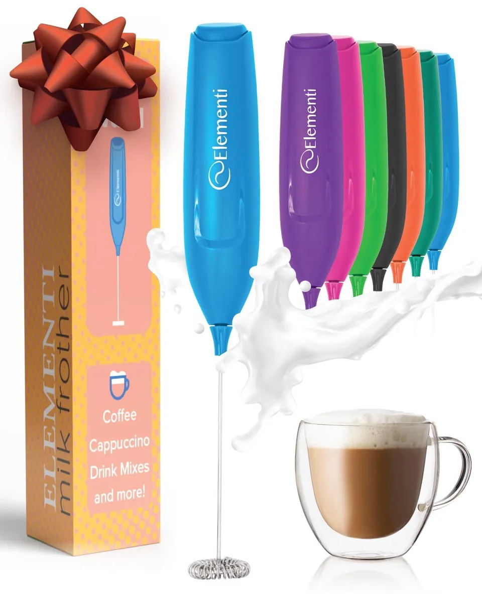 White handheld milk frother wand with stainless steel whisk, slim cylindrical body