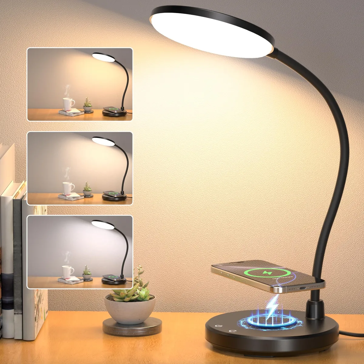 Black glossy round desk lamp with adjustable neck and wireless charging base