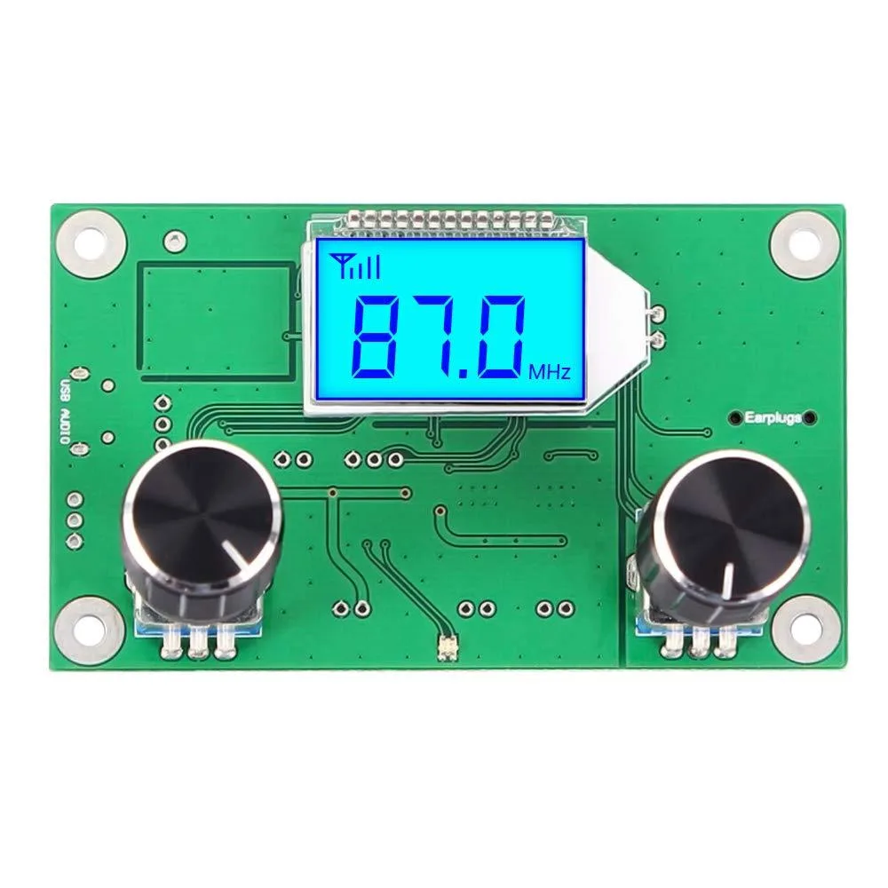 Small black rectangular receiver module with blue LCD display and two rotary knobs, 75 by 45 by 30 millimetres, 32 grams