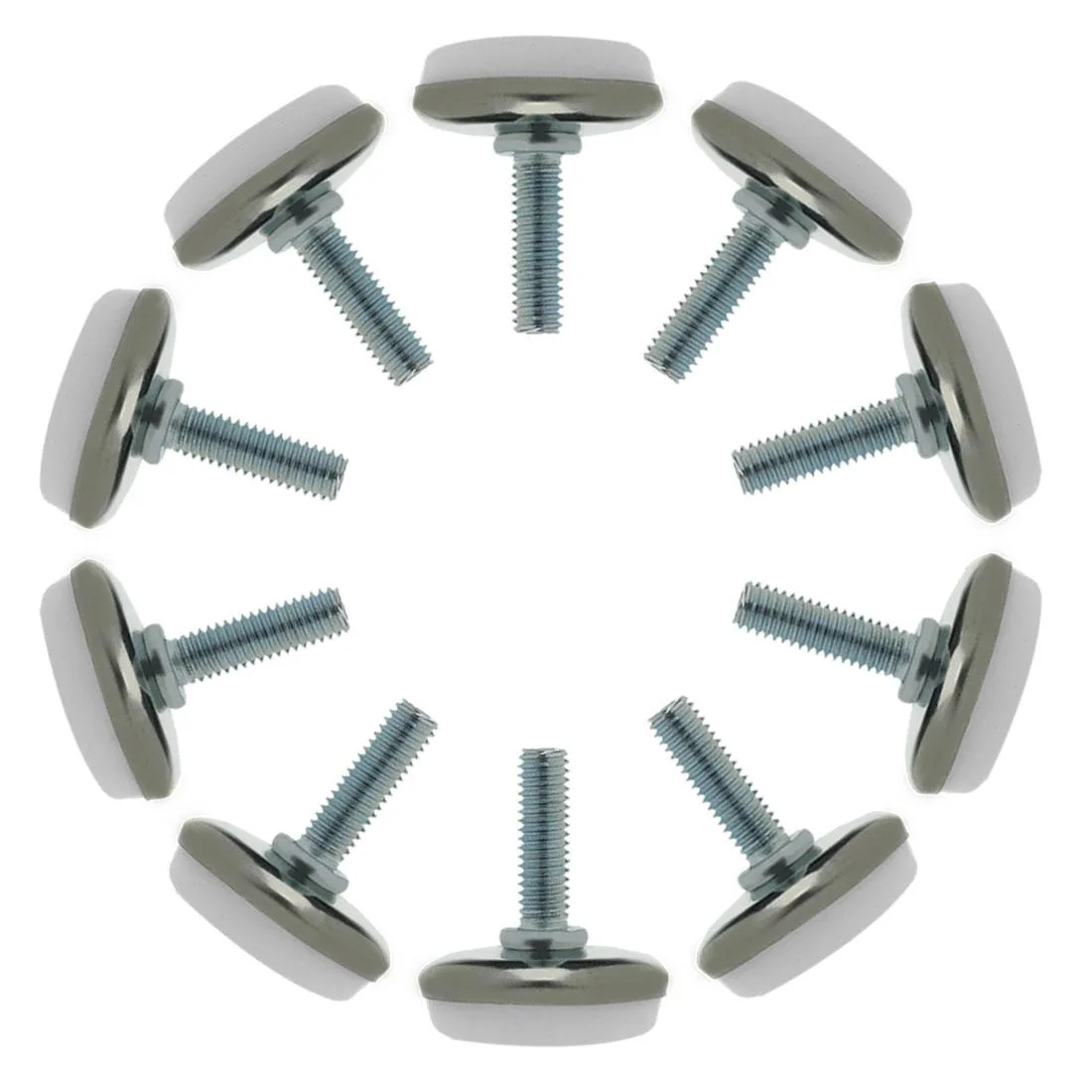 Ten black plastic round bases with threaded metal stems, M6 x 20 x 30 mm