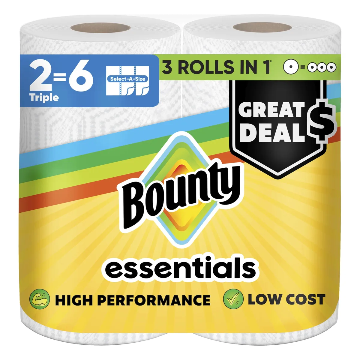 Two white paper towel triple rolls in plastic wrap