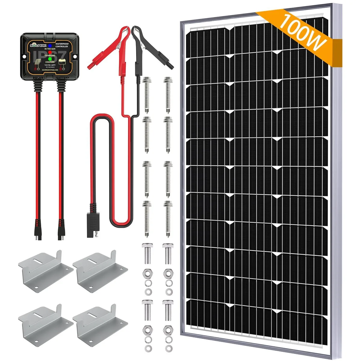 A flat rectangular panel with dark cells in an aluminium frame, plus a small boxy controller and mounting brackets