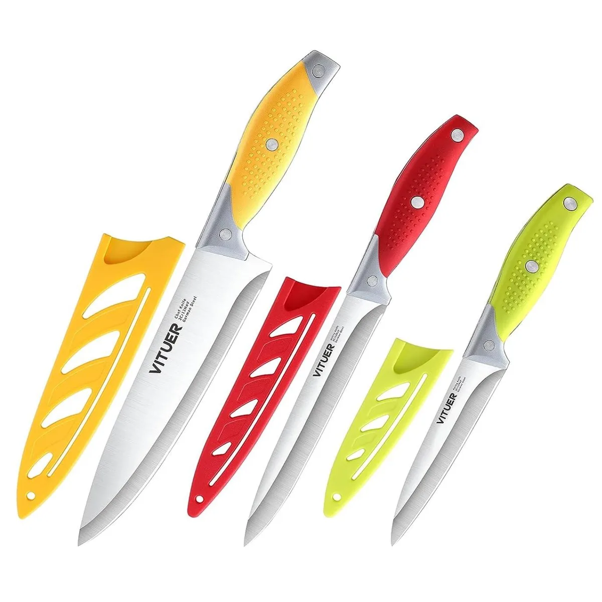 Green 12-piece knife set in block, stainless blades, rubber handles, three sheaths, peeler, measuring spoons