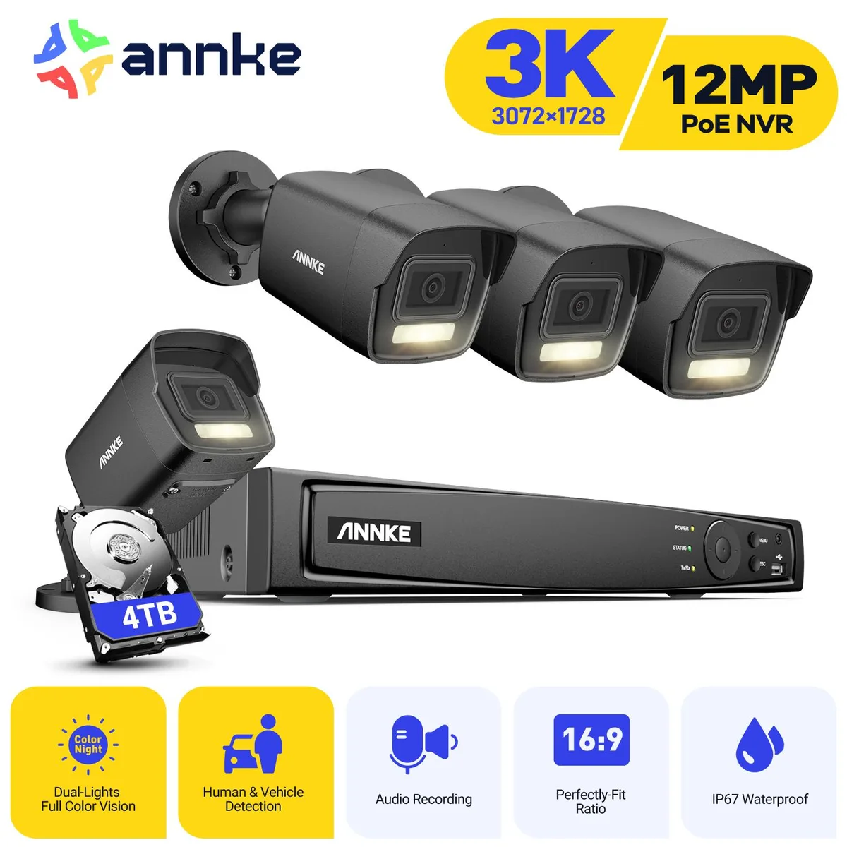 Annke Annke H.265+ 8CH PoE Surveillance Security System 4TB HDD 4x 3K Bullet Cameras Colour Night Vision — product photo