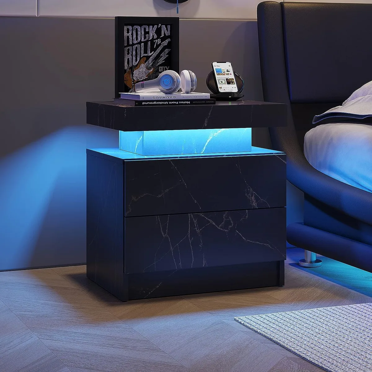 Black and gold engineered wood nightstand with two drawers and LED lighting