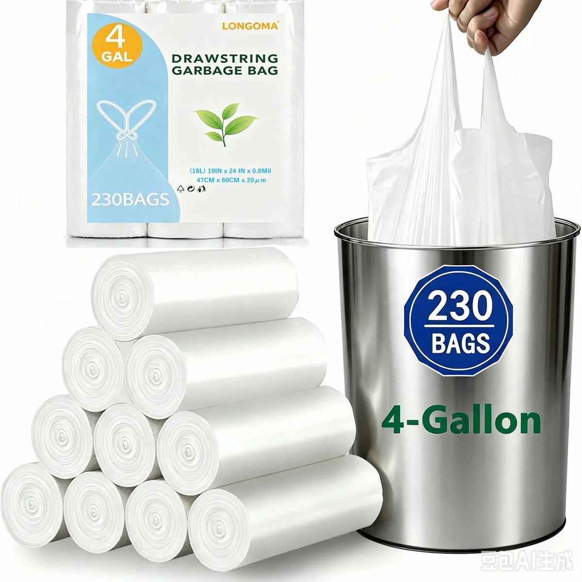  LONGOMA SKU070013CO 4 Gallon Garbage Bags 230 Count 24 x 19 — product photo