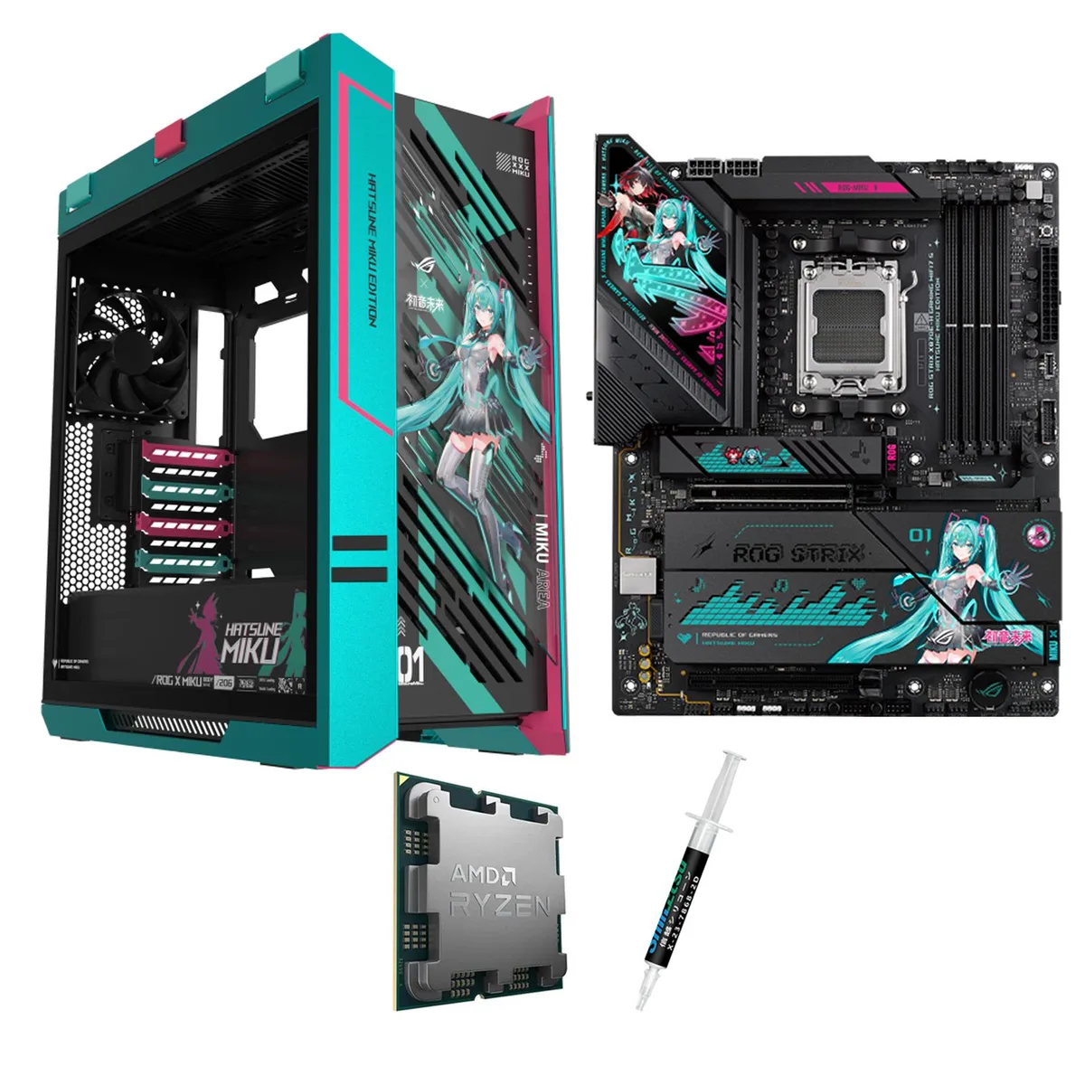ASUS ASUS ROG STRIX X870E-H S MIKU Combo AMD motherboard with Ryzen 7 9800X3D and Helios case — product photo