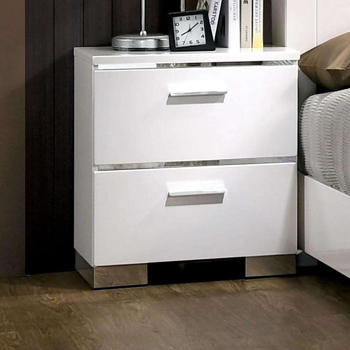 tuphen tuphen Contemporary Nightstand White High Gloss USB Charger Chrome Feet Bedroom Set — product photo