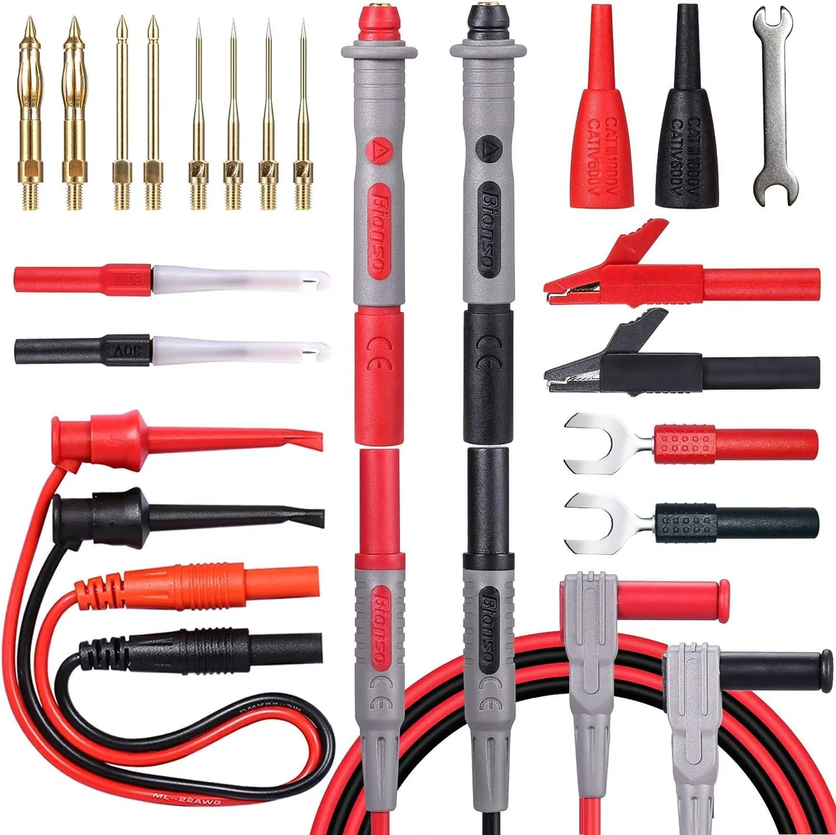 A 25-piece multimeter leads kit with gold-plated probes, alligator clips, test hooks and back probe pins